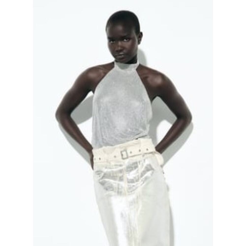 Zara Chrome Silver Semi-Sheer Rhinestone Open Back Halter Top Size Medium